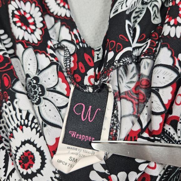 Vtg Y2K Wrapper Babydoll Blouse Womens Small Floral Black White Red Tie Back - Picture 4 of 13